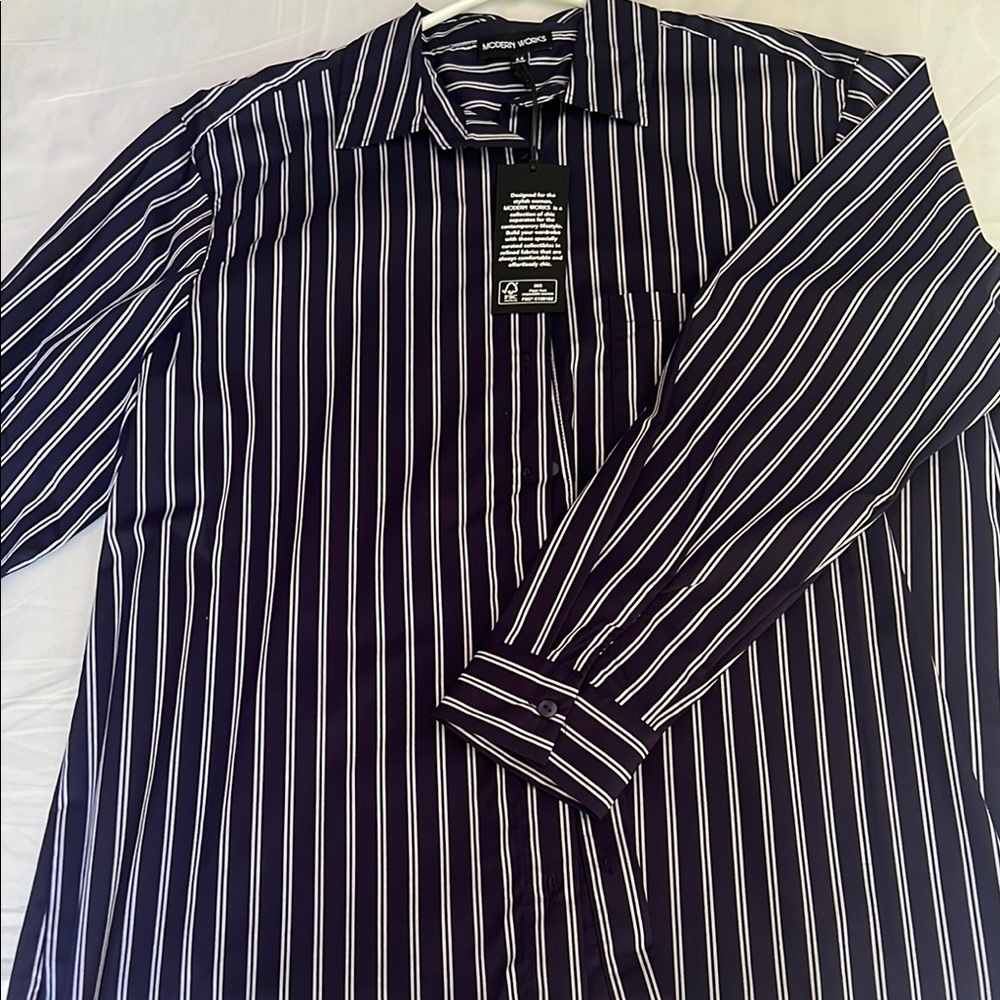 Modern Works Navy and White Button Down Classic Stripes Business Casual Size MD